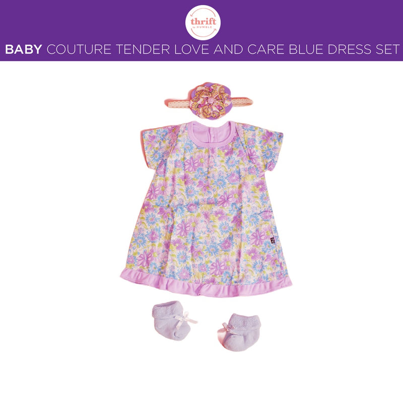Baby Couture Tender Love and Care in Blue Dress, Socks, and Headband Set for 0-6 months - Authentic