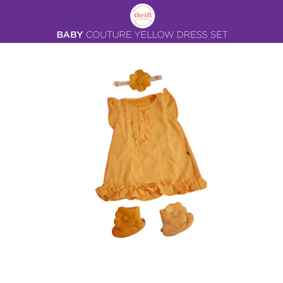 Baby Couture Happy Vibes in Yellow Dress, Booties, and Headband Set for 9-18 months - Authentic