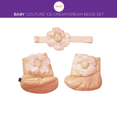 Baby Couture Ice Cream Dream in Beige Girl Booties and Headband Set for 3-9 months - Authentic