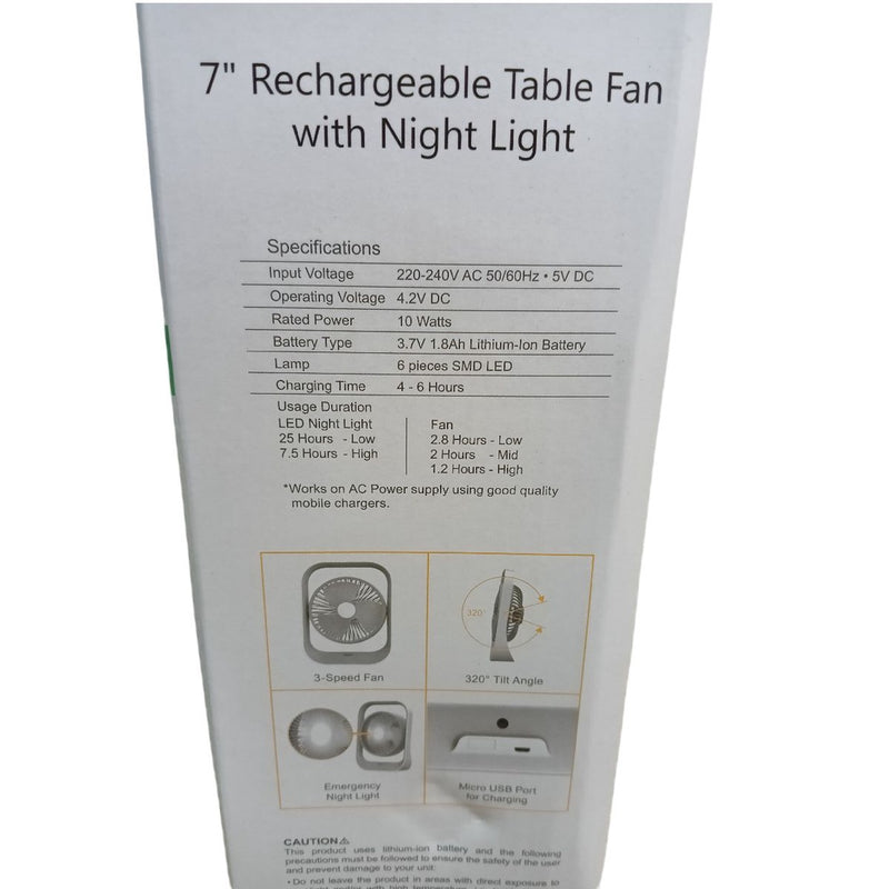 Firefly Rechargeable Table Fan 7" with Night Light