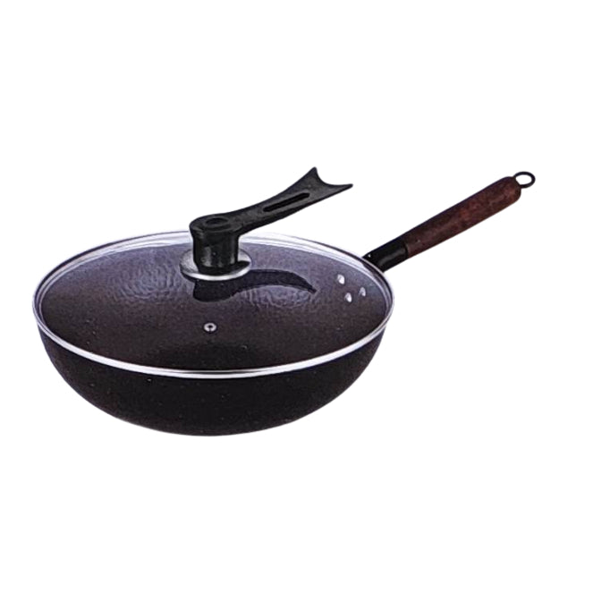 Humble Pepper Basics Cast Iron Flat Bottom Wok with Cover for Cooking (Glass Lid & Wood Lid, 32cm)