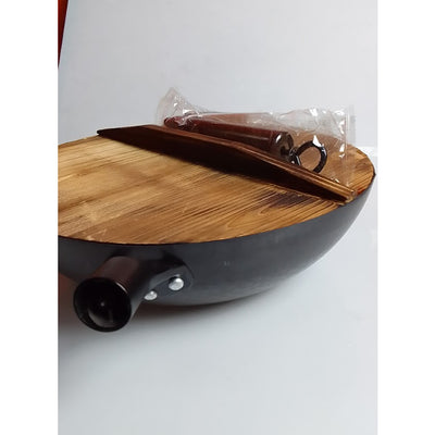 Humble Pepper Basics Cast Iron Flat Bottom Wok for Cooking (No Lid/Glass Lid/Wooden Lid 34cm) Black